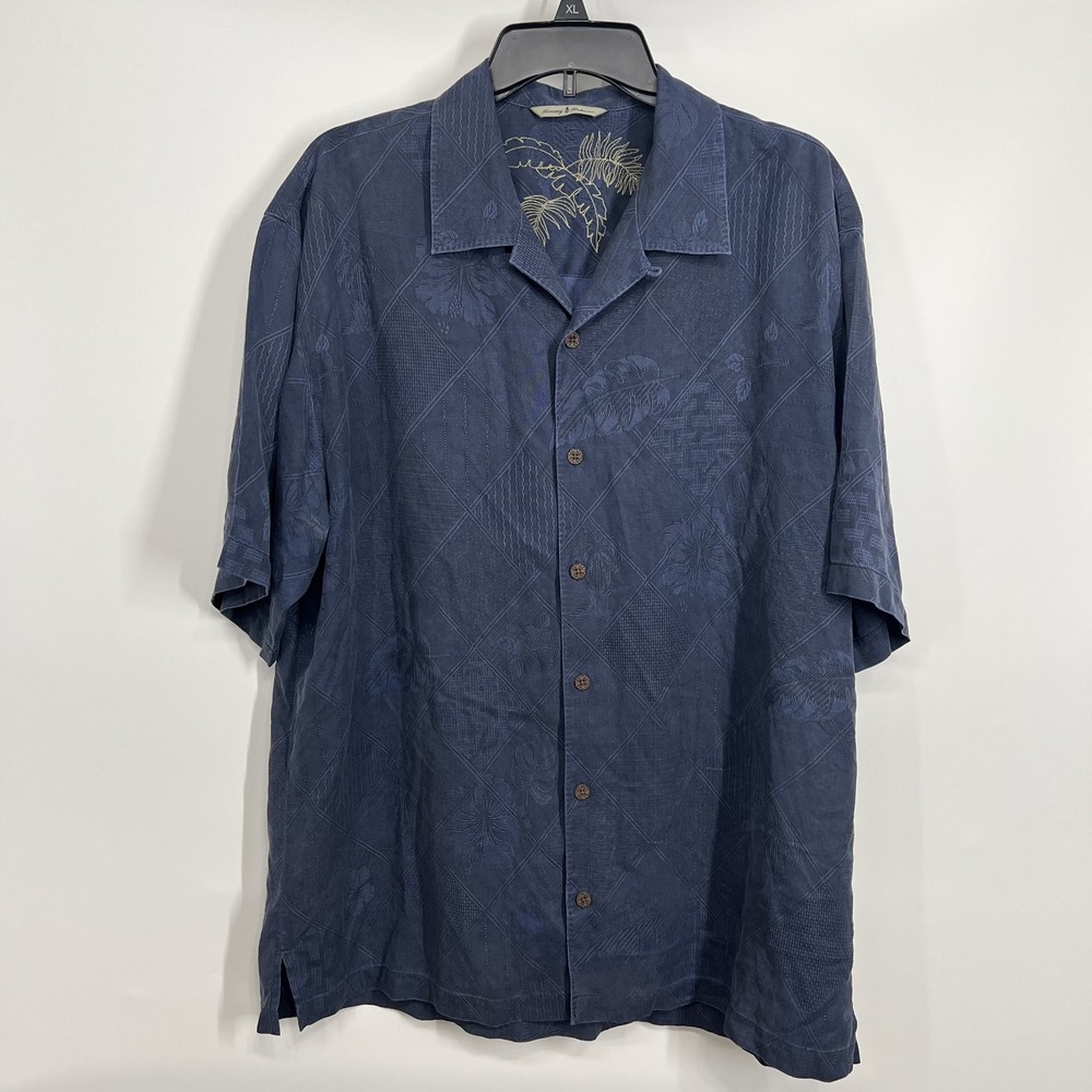 Tommy Bahama Silk Camp Shirt Hawaiian Mens Large Blue Palm Print Tropical *FLAW